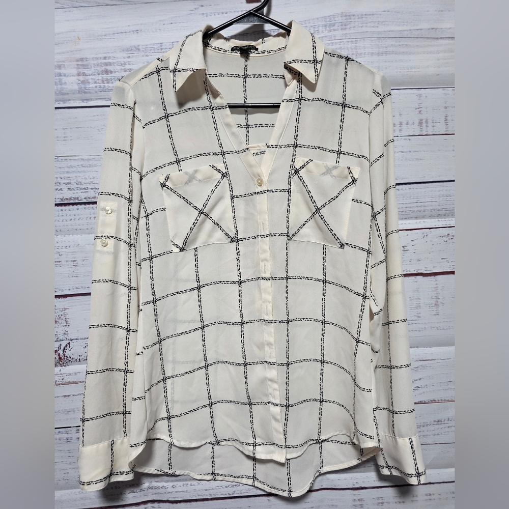 Express Cream and Black Grid Button Down Shirt - Sheer